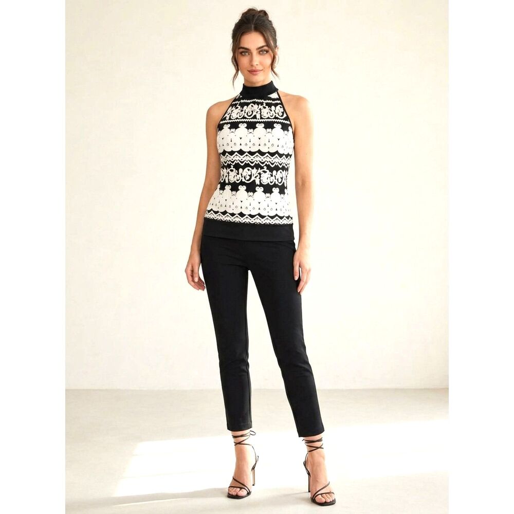 Dark Coquette Night Luxe Y2K Party Black Ivory Open Back Halter Top Sz L - Picture 1 of 6